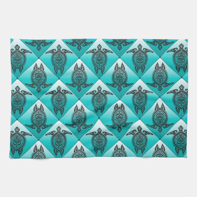 Shamanic Sea Turtles Pattern - cyan Tea Towel (Horizontal)