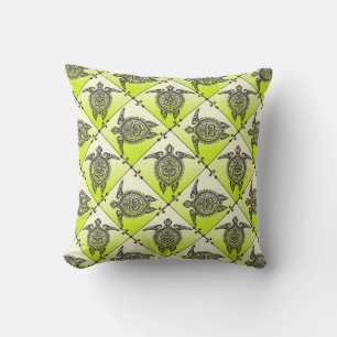 Shamanic Sea Turtles Pattern - green Cushion