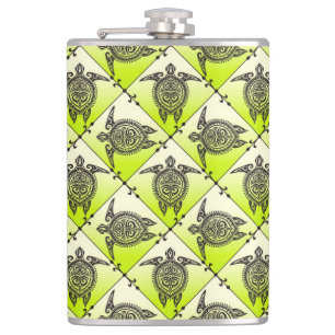 Shamanic Sea Turtles Pattern - green Hip Flask