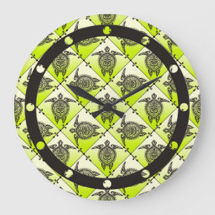 Shamanic Sea Turtles Pattern - green Large Clock