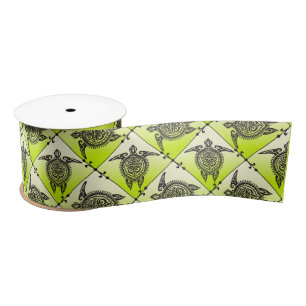 Shamanic Sea Turtles Pattern - green Satin Ribbon