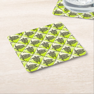 Shamanic Sea Turtles Pattern - green Square Paper Coaster