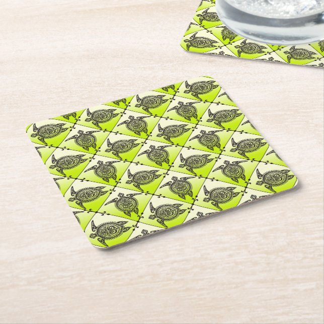 Shamanic Sea Turtles Pattern - green Square Paper Coaster (Angled)