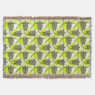 Shamanic Sea Turtles Pattern - green vertical Throw Blanket