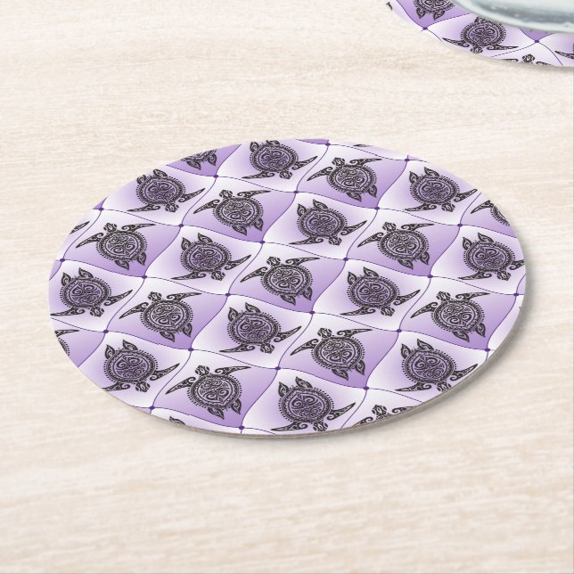 Shamanic Sea Turtles Pattern - violet Round Paper Coaster (Angled)