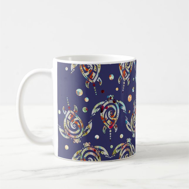 Shamanic Sea Turtles Pattern + your backgr. colour Coffee Mug (Left)