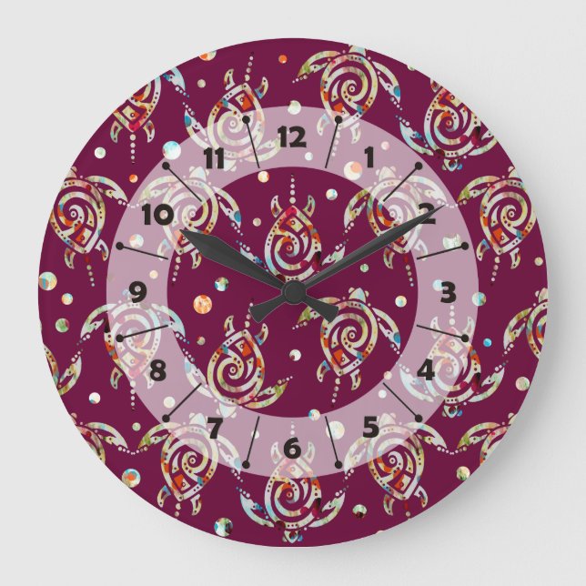 Shamanic Sea Turtles Pattern + your backgr. colour Large Clock (Front)