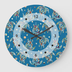 Shamanic Sea Turtles Pattern + your backgr. colour Large Clock