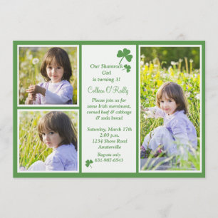 Shamrock 3-Photo Birthday Party Invitation