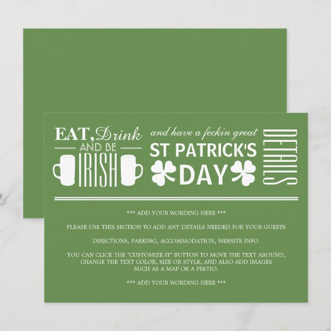 Shamrock and Beer Irish St Patrick's Day Detail Invitation (Front/Back)