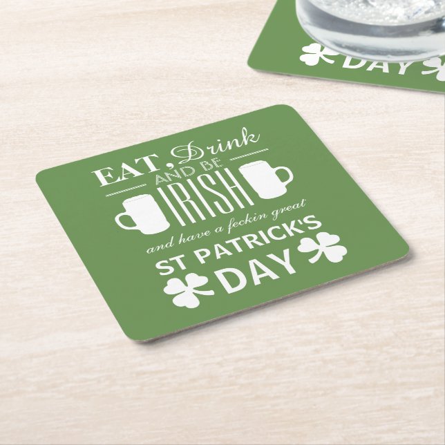 Shamrock and Beer Irish St Patrick's Day Square Paper Coaster (Angled)
