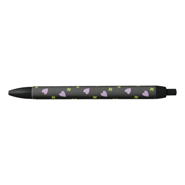 Shamrock and Hearts Pattern Black Ink Pen (Front)