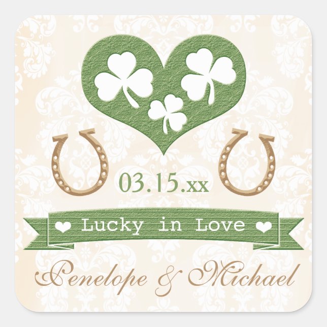 Shamrock and Horseshoe Lucky in Love Wedding Square Sticker (Front)