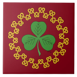 Shamrock and Knotwork on Red Ceramic Tile