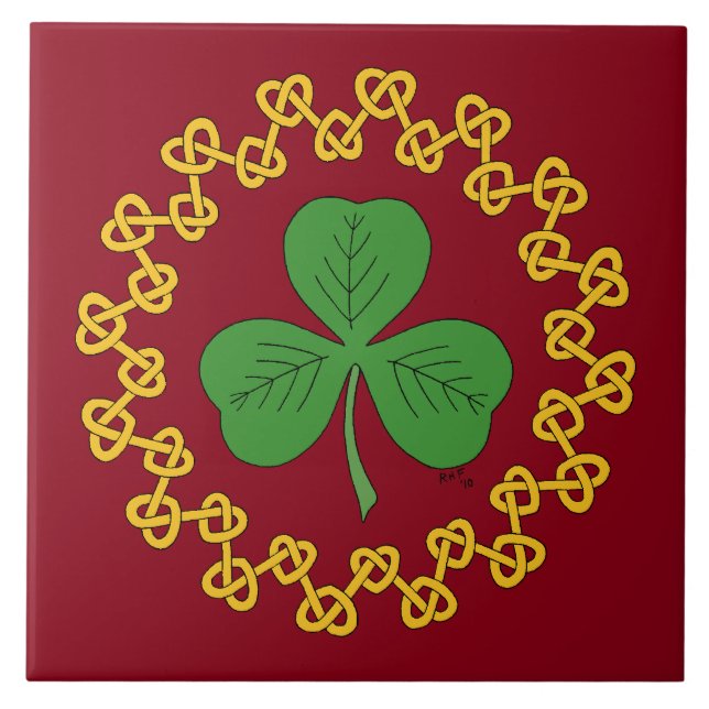 Shamrock and Knotwork on Red Ceramic Tile (Front)