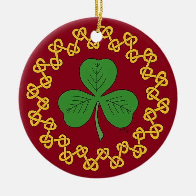 Shamrock and Knotwork on Red Ceramic Tree Decoration (Front)