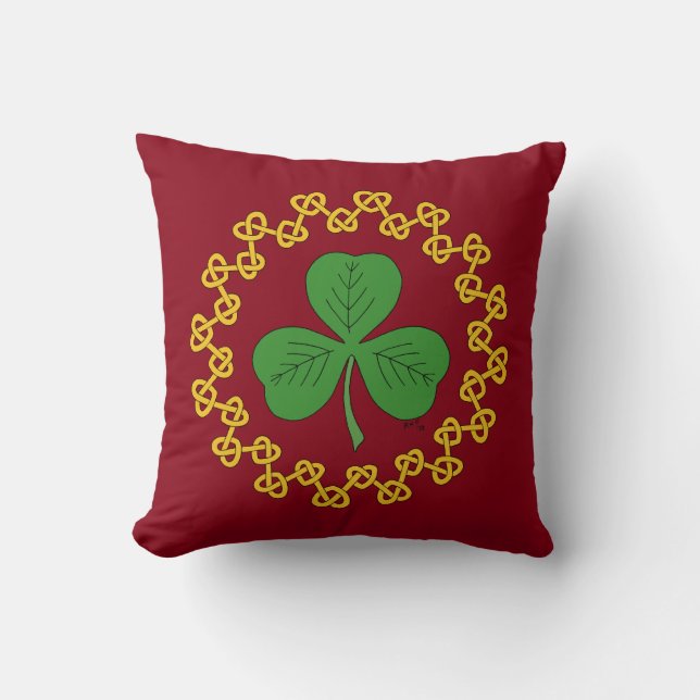 Shamrock and Knotwork on Red Cushion (Front)