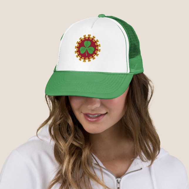 Shamrock and Knotwork on Red Trucker Hat (In Situ)