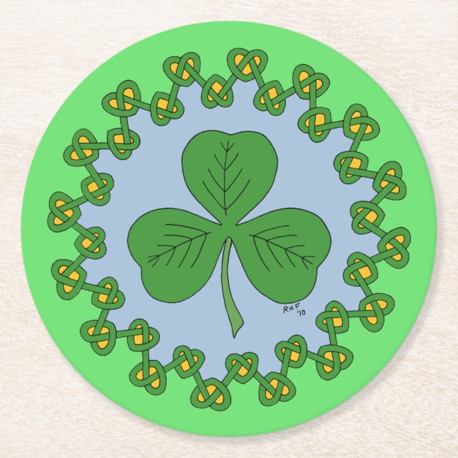 Shamrock and Knotwork Round Paper Coaster (Front)