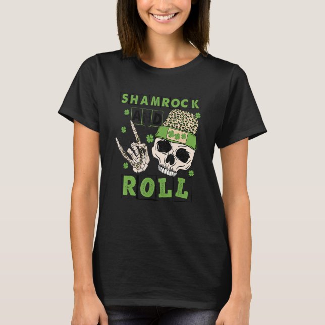 Shamrock and Roll Funny Skeleton Hand Rocker St Pa T-Shirt (Front)