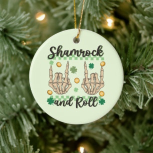 Shamrock and Roll Hand Skeleton Ceramic Ornament