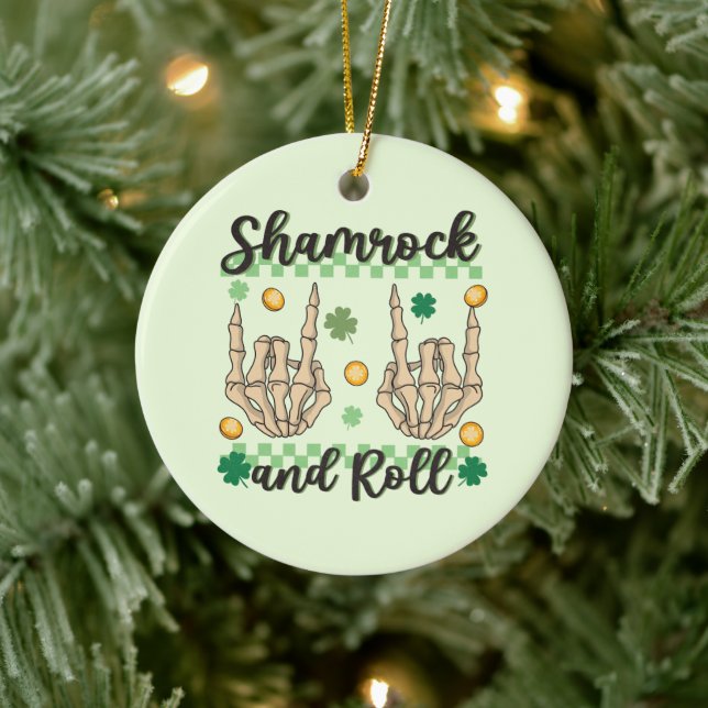 Shamrock and Roll Hand Skeleton Ceramic Ornament (Tree)