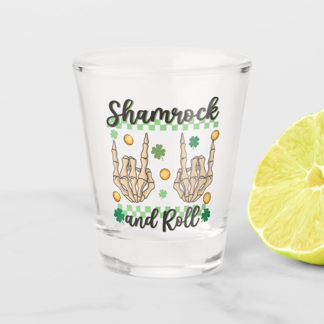 Shamrock and Roll Hand Skeleton Shot Glass (Front)