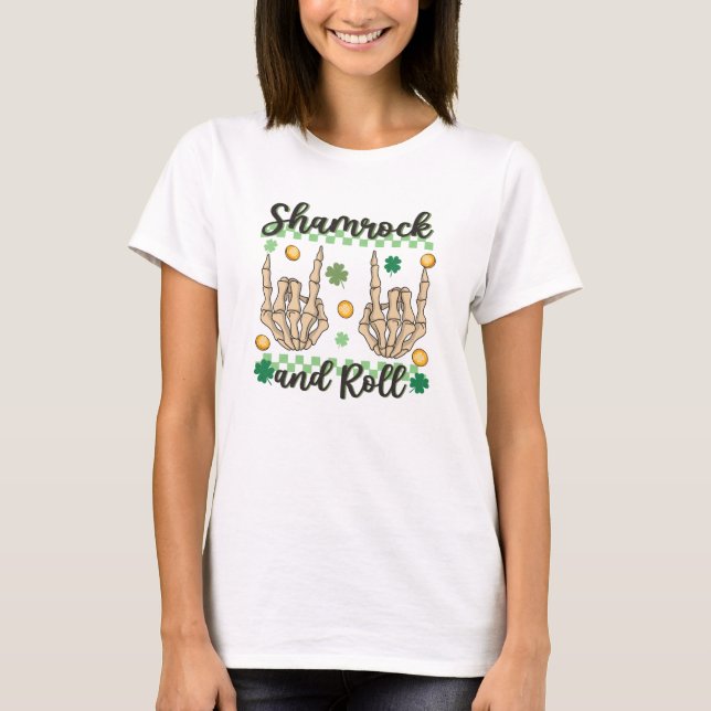 Shamrock and Roll Hand Skeleton T-Shirt (Front)