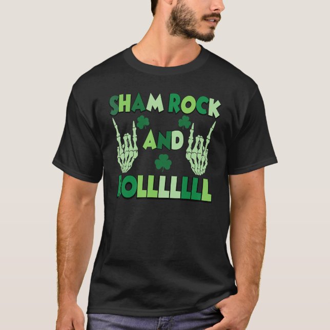 Shamrock And Roll Skeleton Hands Rocker St Patrick T-Shirt (Front)