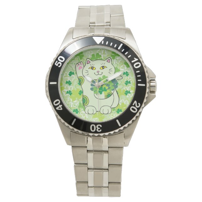 Shamrock Bouquet Maneki Neko (Lucky Cat) Watch (Front)
