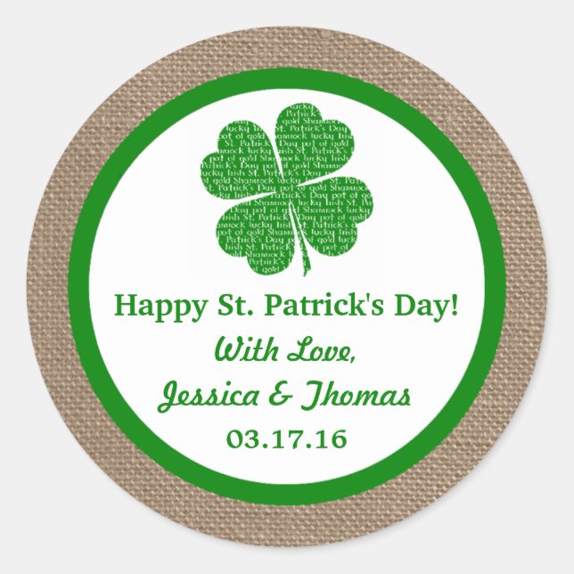 Shamrock & Burlap St. Patrick's Day Classic Round Sticker (Front)