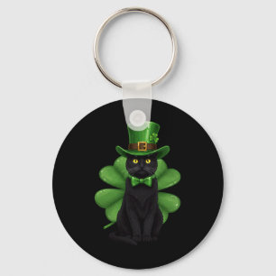 Shamrock Cat Black St Patricks Day Irish Cat Lover Key Ring