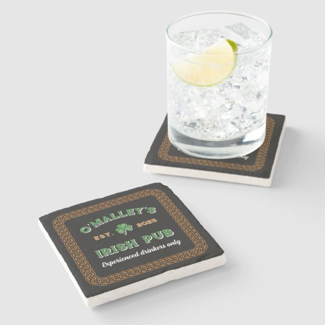 Shamrock Celtic Knot Border Irish Pub Stone Coaster (Side)
