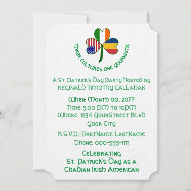 Shamrock Chadian Ireland USA Personalize Text Invitation (Front)