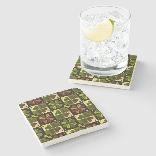 Shamrock Chequerboard Pattern  Stone Coaster (Side)