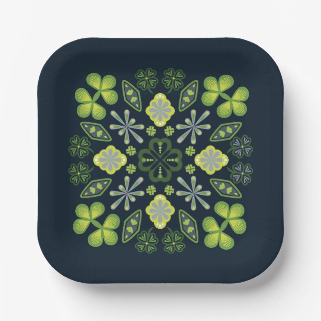 Shamrock Clover Floral Mandala Blue Paper Plate (Front)