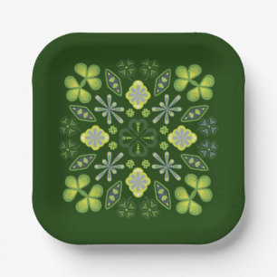 Shamrock Clover Floral Mandala Green Paper Plate