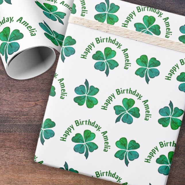 Shamrock Clover Green Happy Birthday Wrapping Paper (Creator Uploaded)