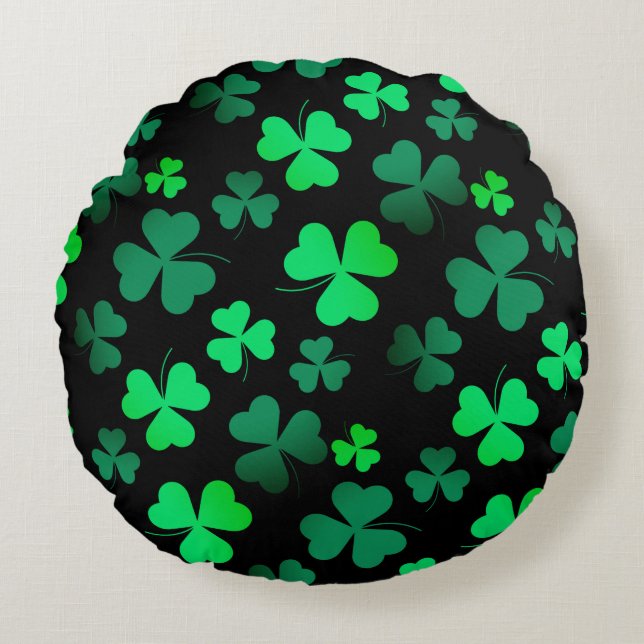 Shamrock Clover Ireland Irish Modern Green & Black Round Cushion (Front)