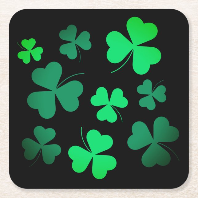 Shamrock Clover Ireland Irish Modern Green & Black Square Paper Coaster (Front)