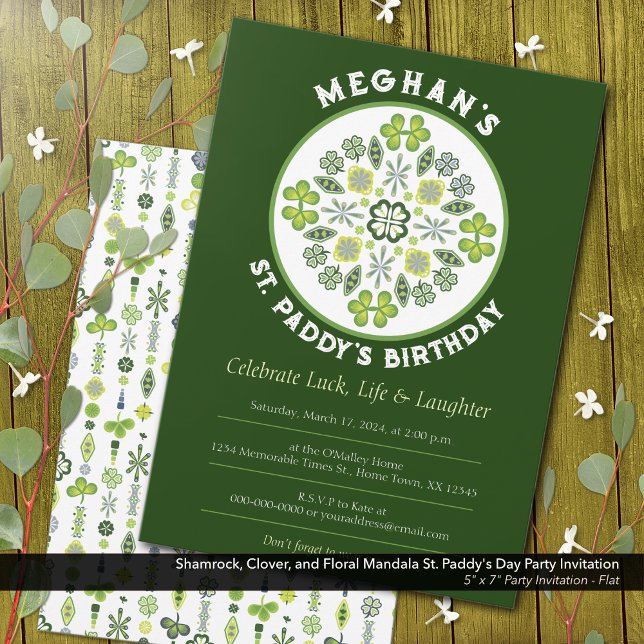 Shamrock Clover Mandala St. Paddy's Birthday Party Invitation (Shamrock, Clover, and Floral Lucky Mandala: St. Paddy's Birthday Party Invitation)