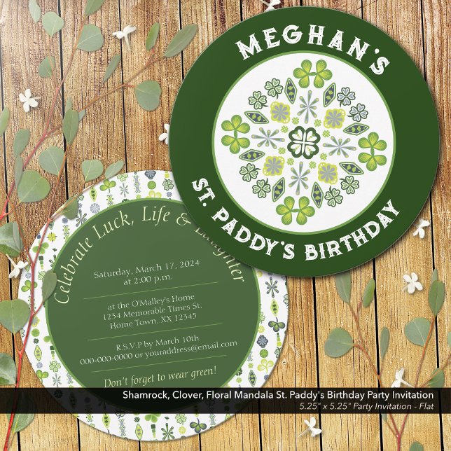 Shamrock Clover Mandala St. Paddy's Birthday Party Invitation (Shamrock, Clover, and Floral Lucky Mandala: St. Paddy's Birthday Party Invitation)