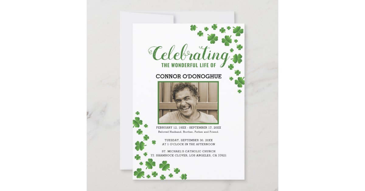 Shamrock Clover Memorial Irish Funeral Invitation