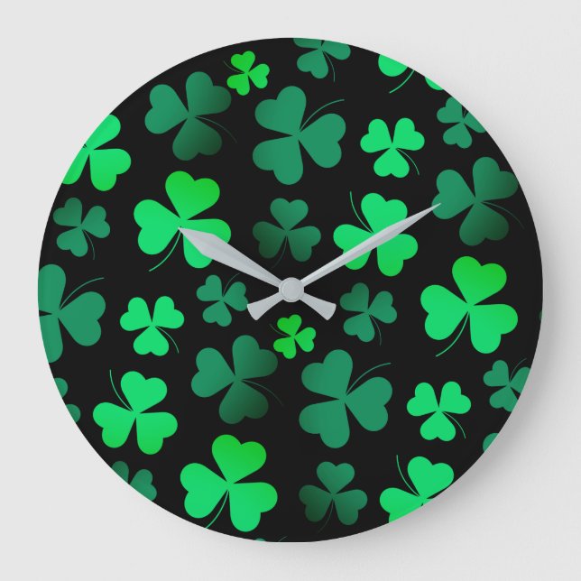 Shamrock Clover Modern Trendy Black and Green Large Clock (Front)