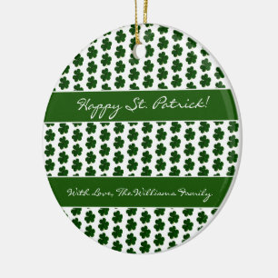 Shamrock Clover Pattern Custom Text St. Patrick Ceramic Ornament