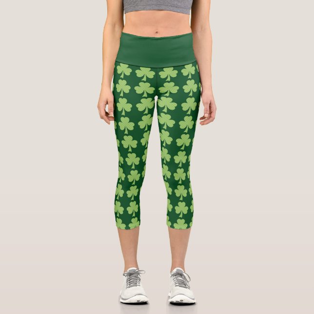 Shamrock Clover Polka dots Patricks Day pattern Capri Leggings (Front)