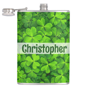 Shamrock Clovers Add Name Hip Flask