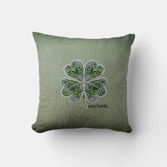 Shamrock Colover  St.Patrick`s Day Green Leather  Cushion (Front)