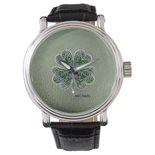 Shamrock Colover  St.Patrick`s Day Green Leather  Watch