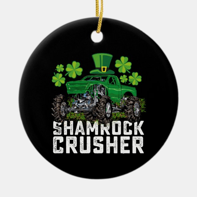 Shamrock Crusher St Patricks Day Monster Truck Ceramic Ornament (Front)